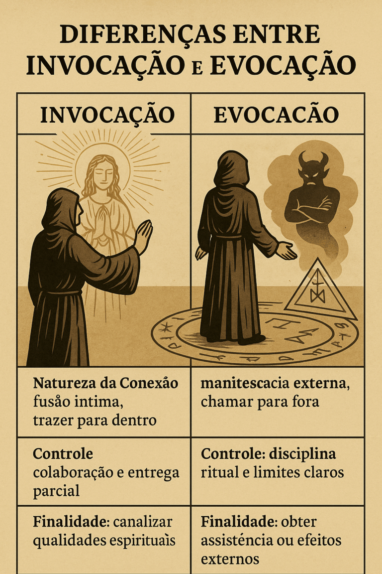 Diferenças entre invocação e evocação representadas em ilustração esotérica, mostrando fusão íntima e manifestação externa